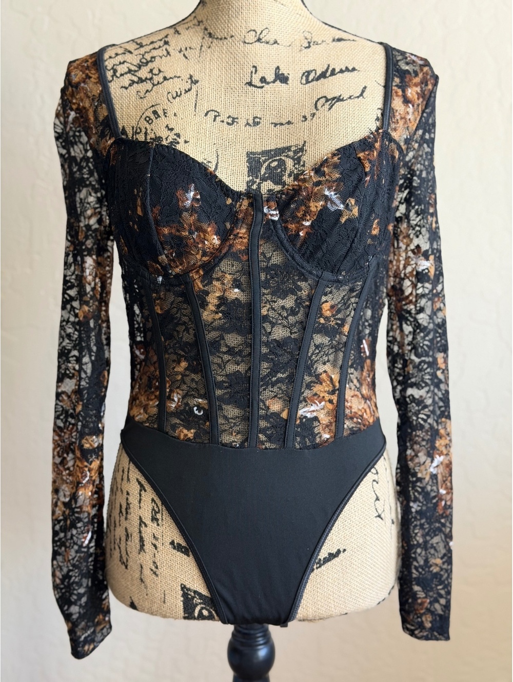 Women’s L Floral Lace Corset Bodysuit Black Brown Long Sleeve Sheer Bustier